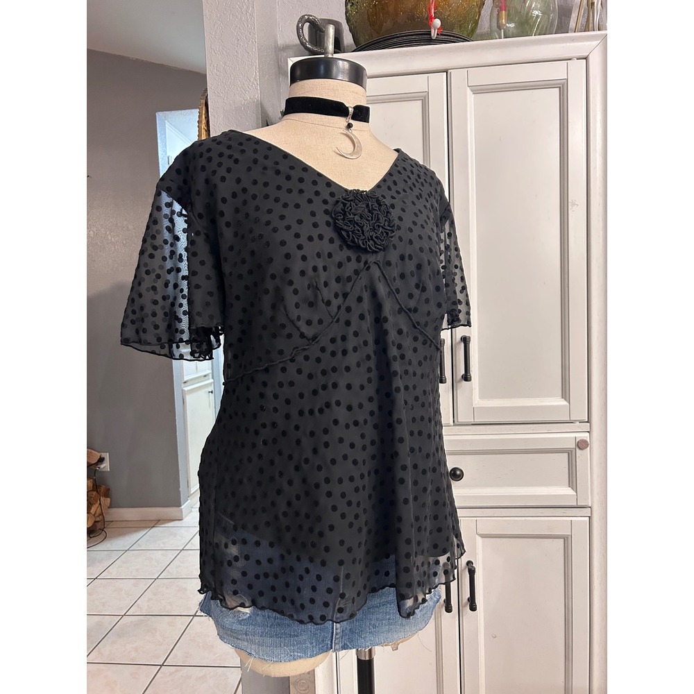 Vintage Black Velvet Polka Dot Sheer Chiffon Blouse Top Loose Flowy